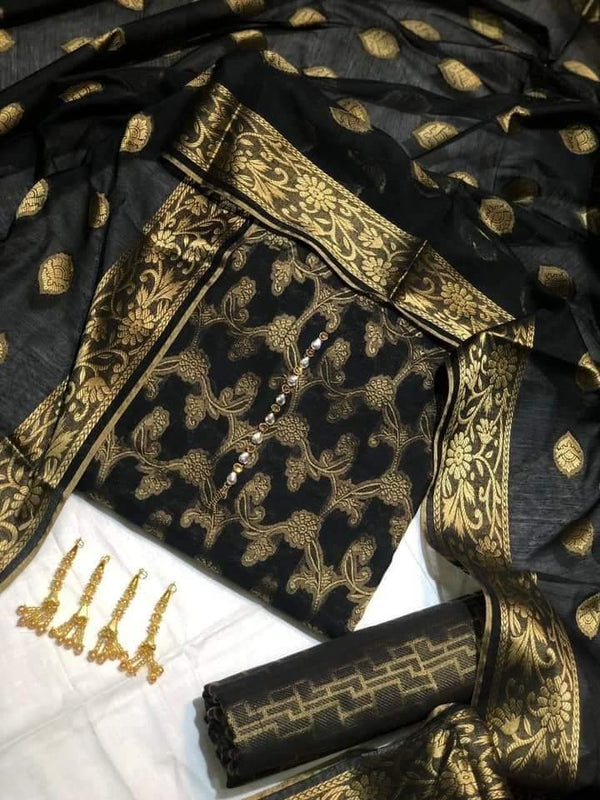 Sastaae Cotton Jacquard 3 Pieces Paper Cotton Banarsi (Shirt,Touser,Duppatta) - Sastaae