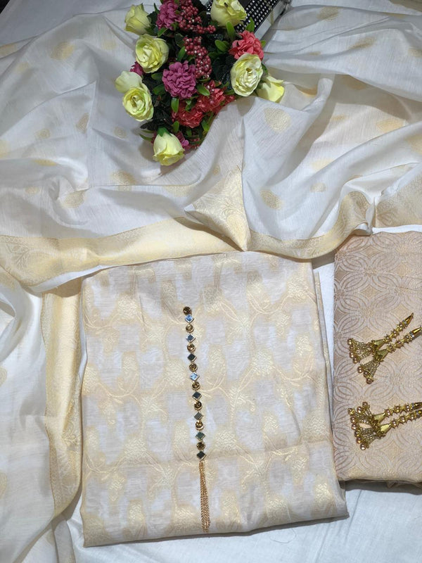 Sastaae Cotton Jacquard 3 Pieces Paper Cotton Banarsi (Shirt,Touser,Duppatta) - Sastaae