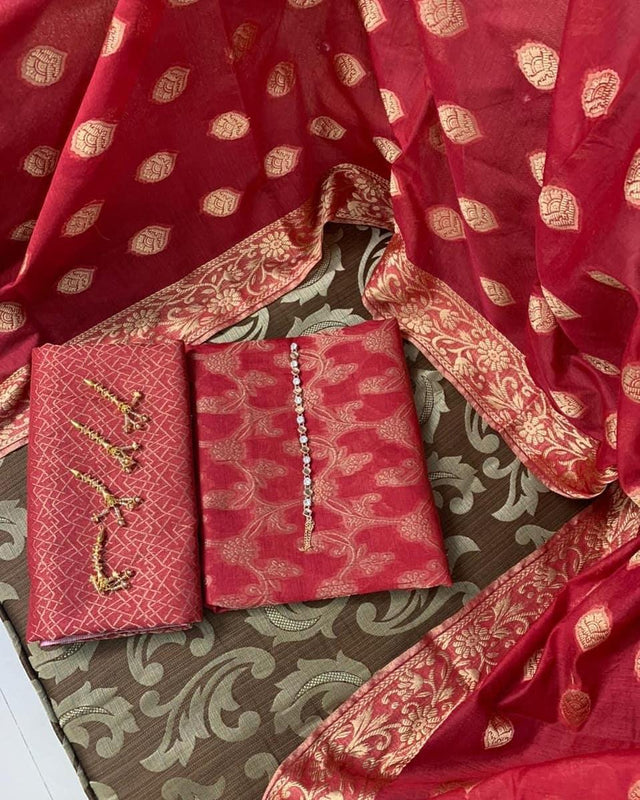 Sastaae Cotton Jacquard 3 Pieces Paper Cotton Banarsi (Shirt,Touser,Duppatta) - Sastaae