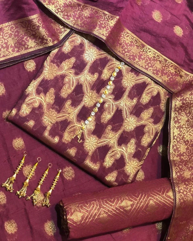 Sastaae Cotton Jacquard 3 Pieces Paper Cotton Banarsi (Shirt,Touser,Duppatta) - Sastaae