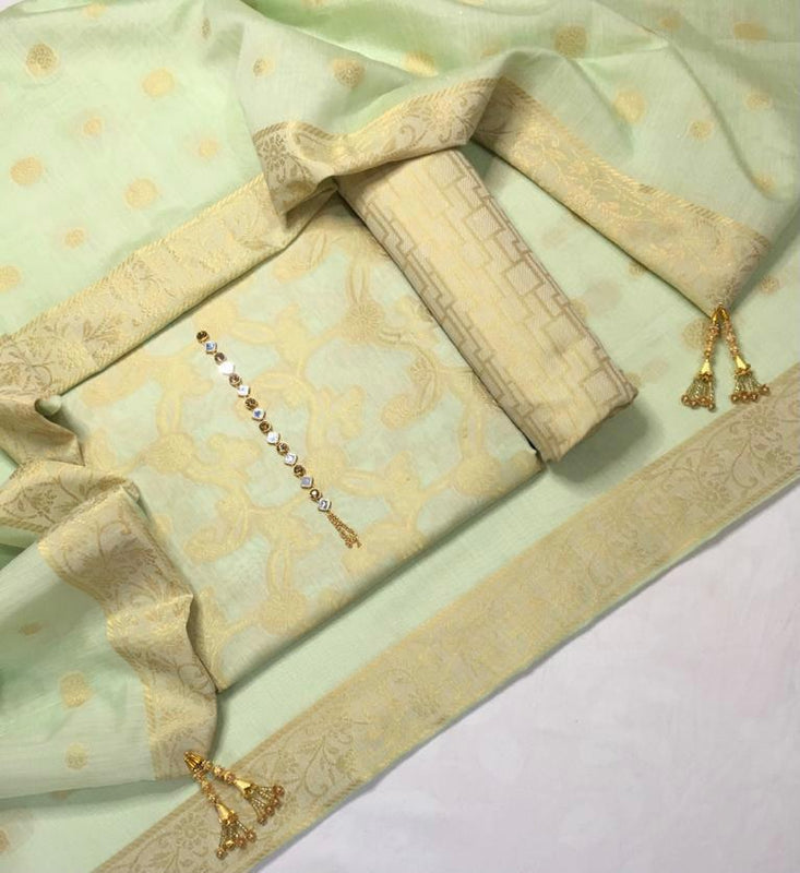 Sastaae Cotton Jacquard 3 Pieces Paper Cotton Banarsi (Shirt,Touser,Duppatta) - Sastaae
