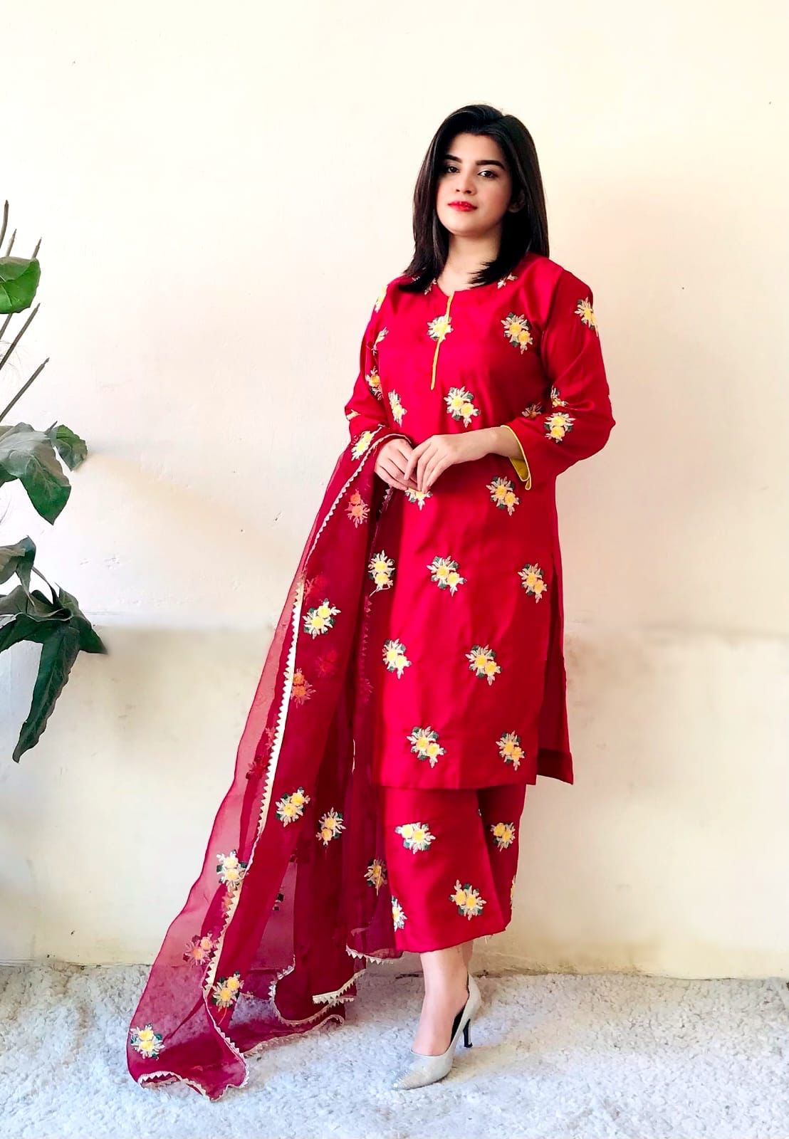 Sastaae Stitched 3pc Floral Embroidered Dress - Sastaae