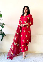 Sastaae Stitched 3pc Floral Embroidered Dress - Sastaae