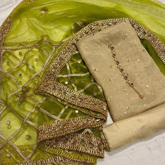 Sastaae Unstitched Fabric Mirror based Dress for Women Maysoori Handwork Shirt, Shabnam Trouser and Net Dupatta